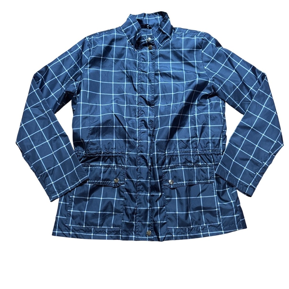 Basic Editions Rain Jacket Women Navy Blue Excellent Plaid Anorak SIZE M